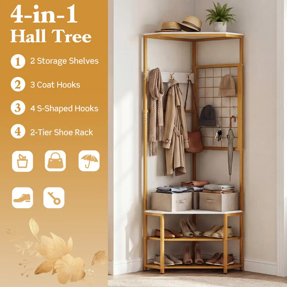 Corner Hall Tree Freestanding Coat Rack With Storage Shelves Removable HooksWhite view 8