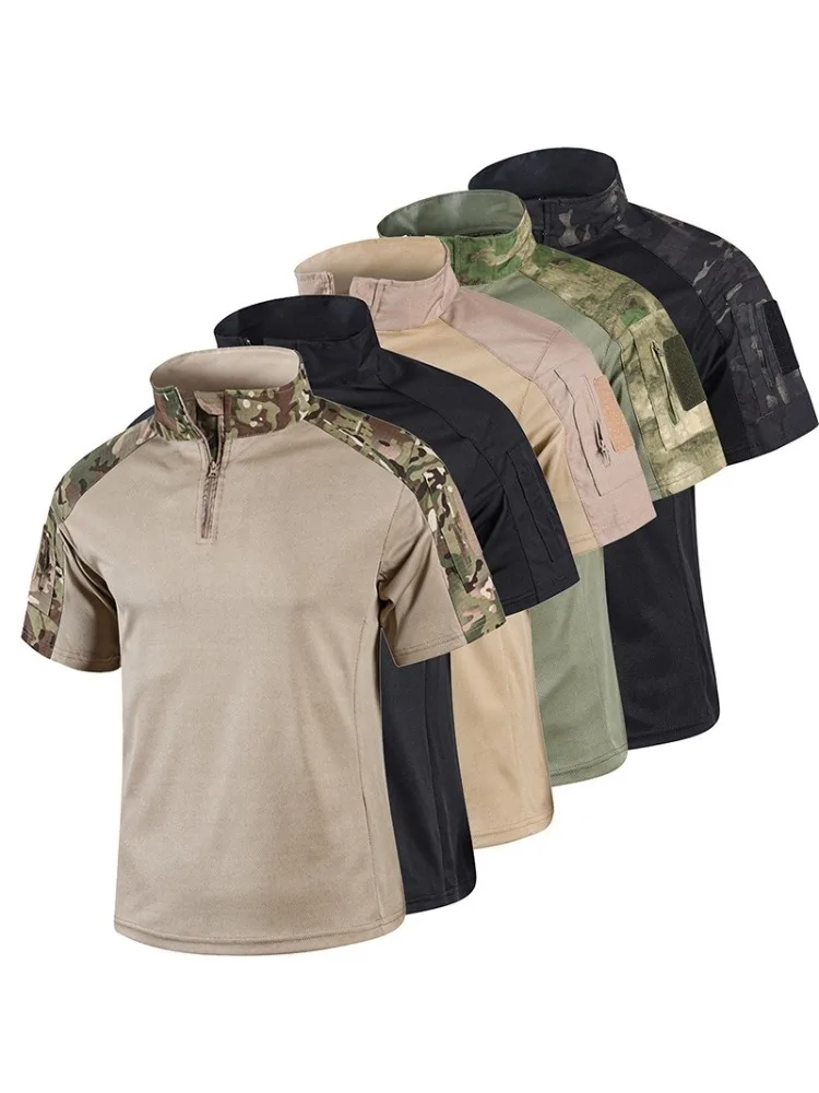 Herens Tactical Combat T-shirts, sneldrogend, ademend, half-rits, korte mouwen, militair shirt met zakken, lichtgewicht, outdoor, hiking - afbeelding 2