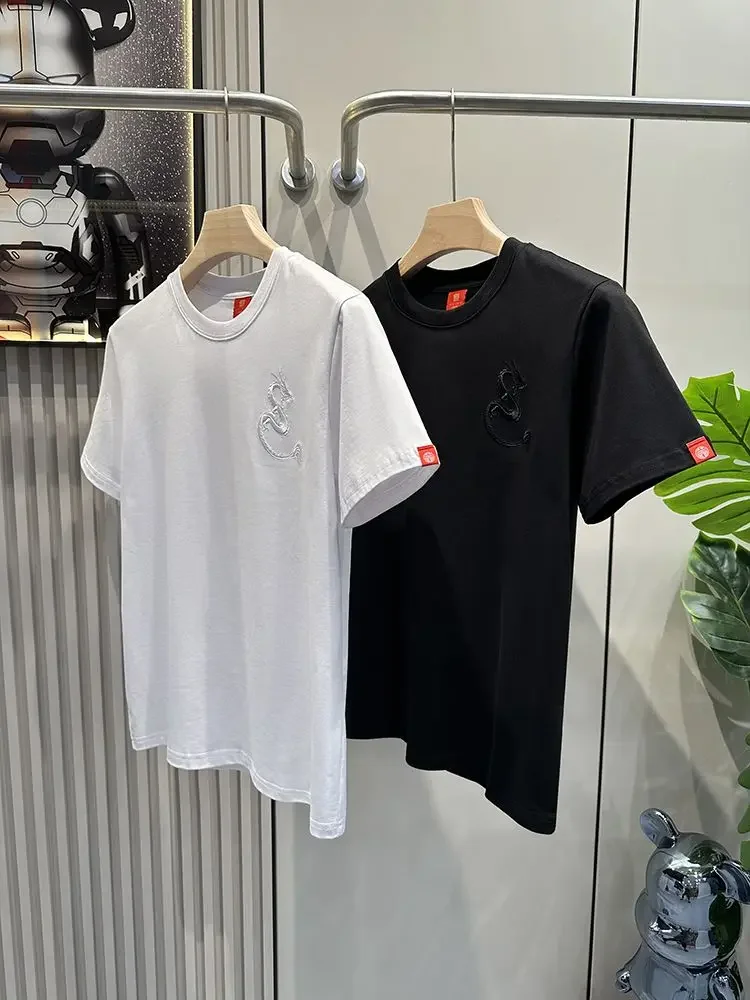

Juspinice Summer Dragon Embroidered Short-sleeved T-shirt Men Loose Casual High Street Personalized Half-sleeved T-shirts Male