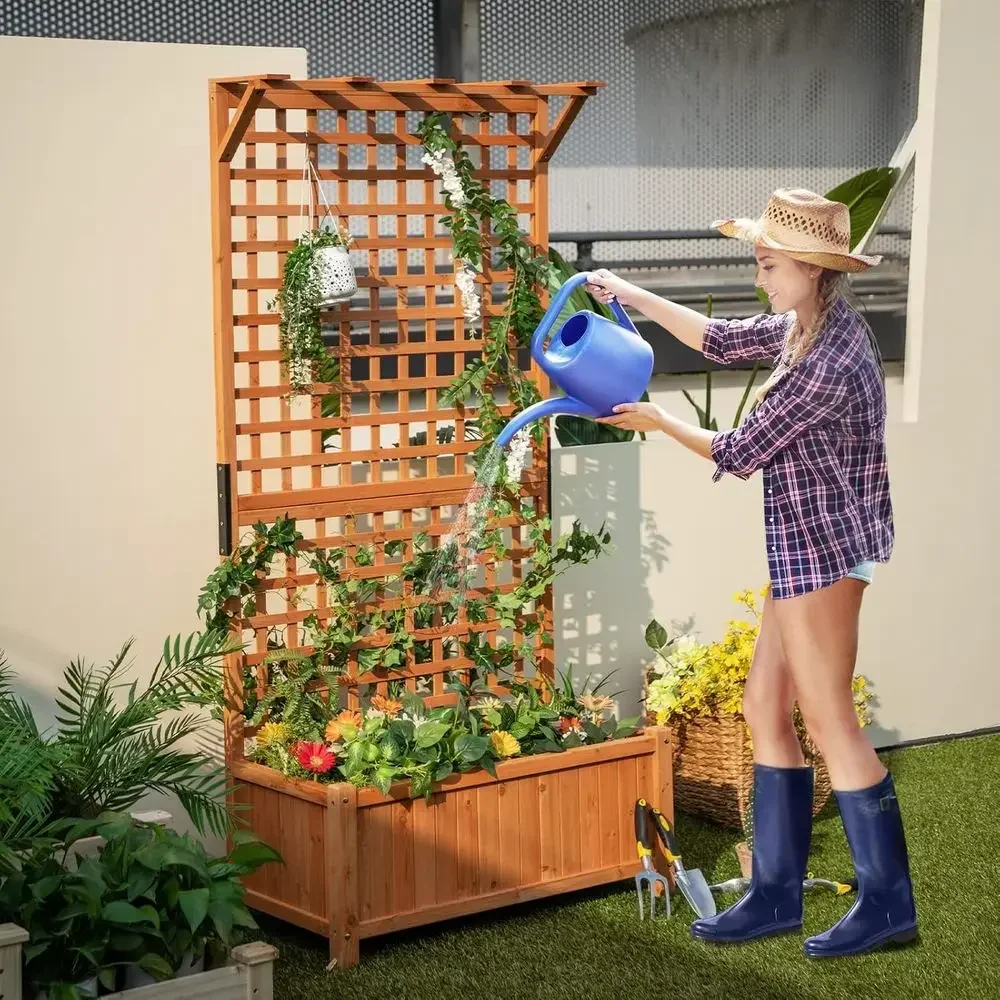 72.5 Tall Wooden Garden Planter Box with Trellis, Hanging Rope, Drainage, and Lattice Panel