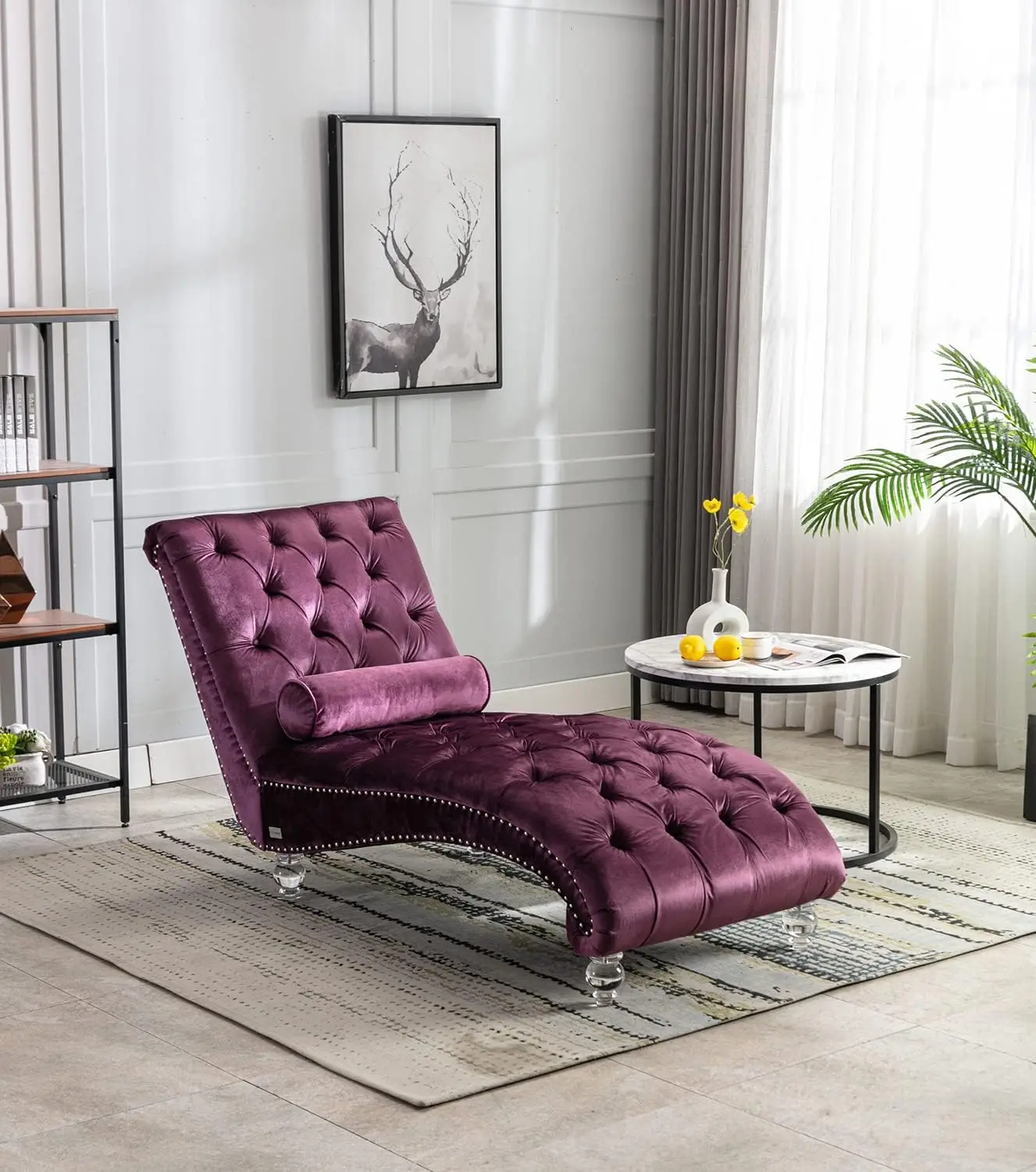 Velvet Chaise Lounge Chair with Toss Pillow, Modern Tufted Button Lounge Chair with Acrylic Legs, Upholstered Indoor