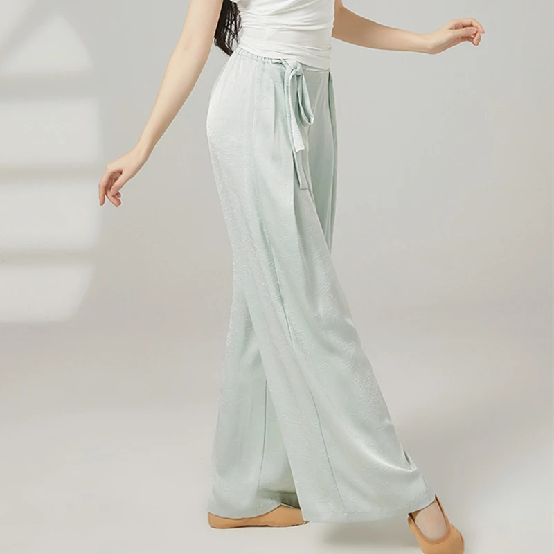 Pantaloni da danza moderna Pantaloni a gamba larga da donna Piega frontale Elastico in vita Raso Lungo Salotto Casual Costumi di allenamento classico sul palco
