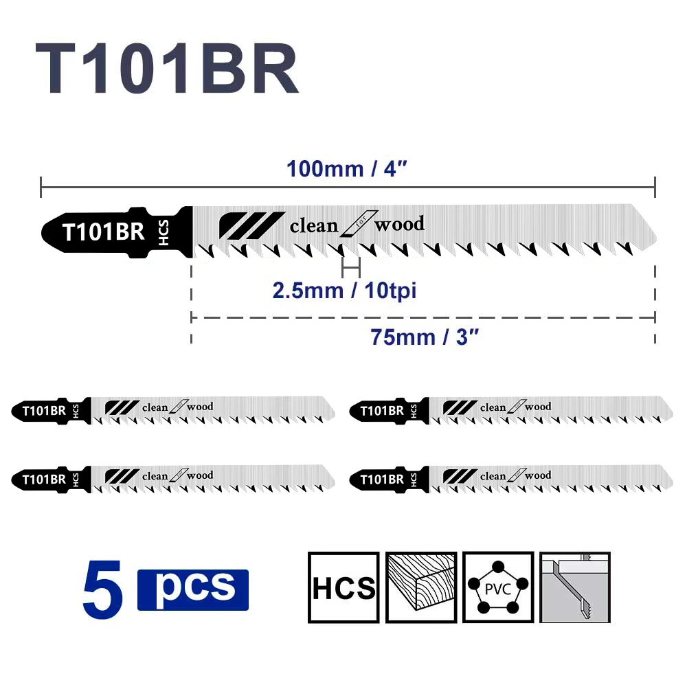5pcs T101BR 직소 블레이드 고 탄소강 직소 블레이드 빠른 절단 목재 T- Shank 직소 블레이드 핸드 툴