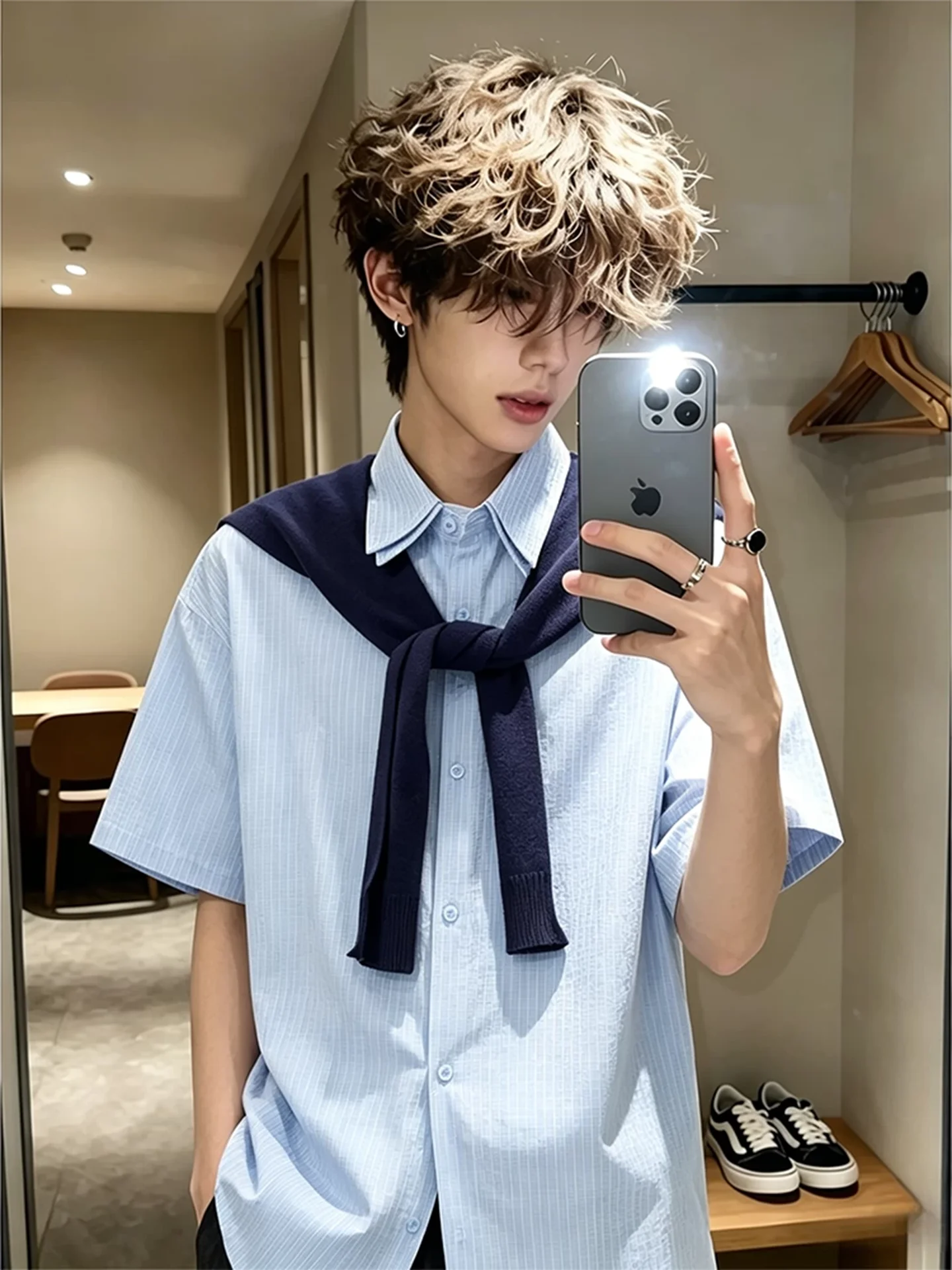 

Korean Style Fake Two-Piece Shoulder Short Sleeve Men's Summer CleanFit Handsome American College Style Shirt Casual Loose Fit