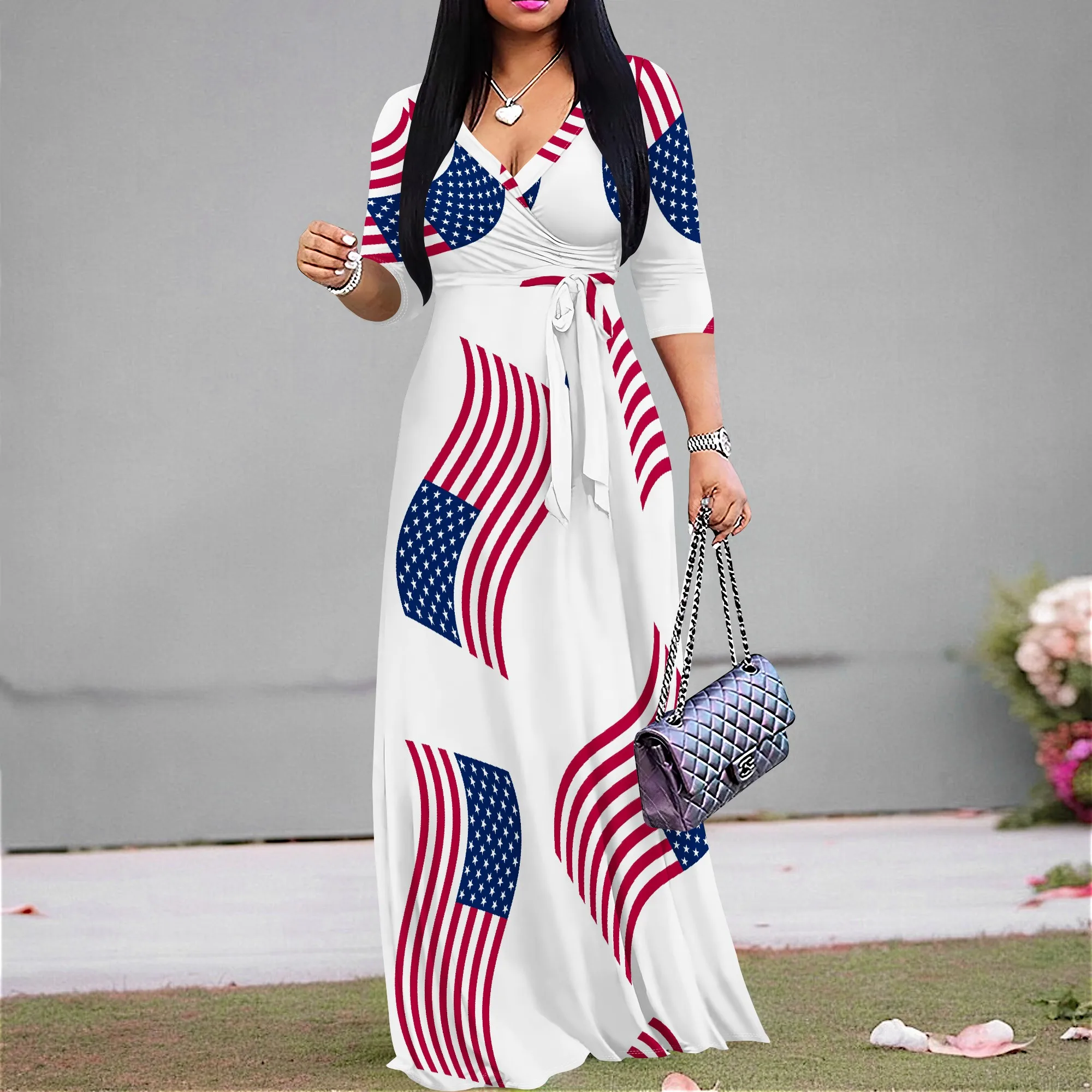 

Pullover Sexy V Neck Short Sleeve Loose Long Dress for Women Fashion Printed Summer Beach Party Casual Maxi Dresses