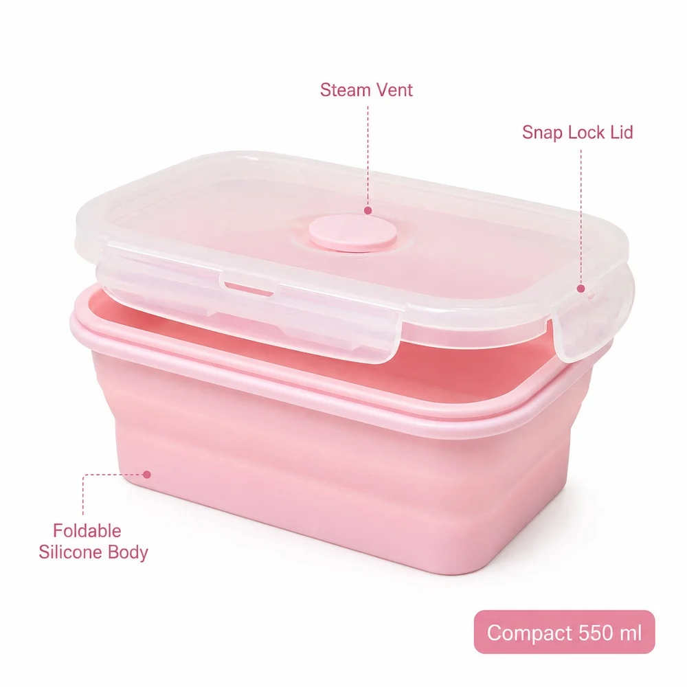 550ml Pink Collapsible Silicone Lunch Box, Portable Food Storage Container with Air Vent Lid for Fridge Travel Meal Prep Use view 2