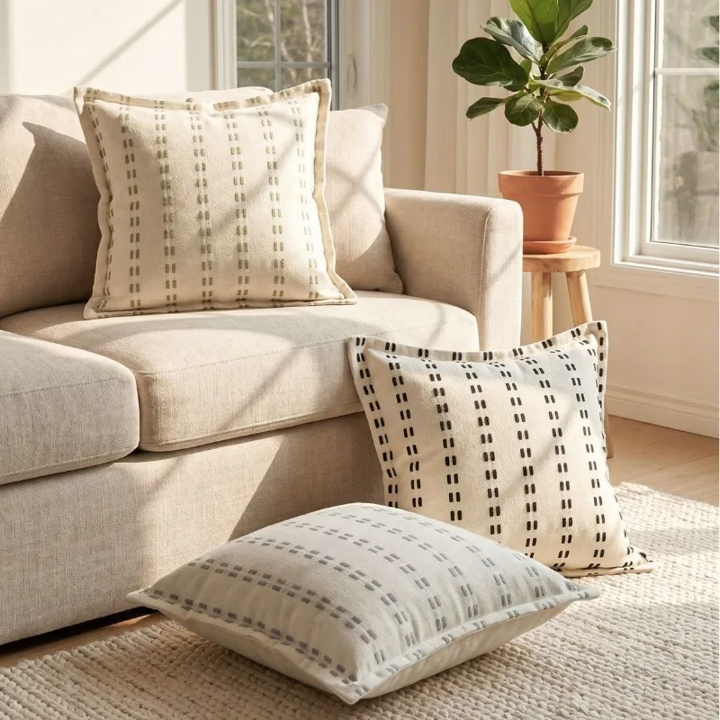 Boho Woven Jacquard Striped Cushion Cover Linen Cotton Textured Throw Pillow Case with Flanged Edge Modern Pillowcase Home Decor
