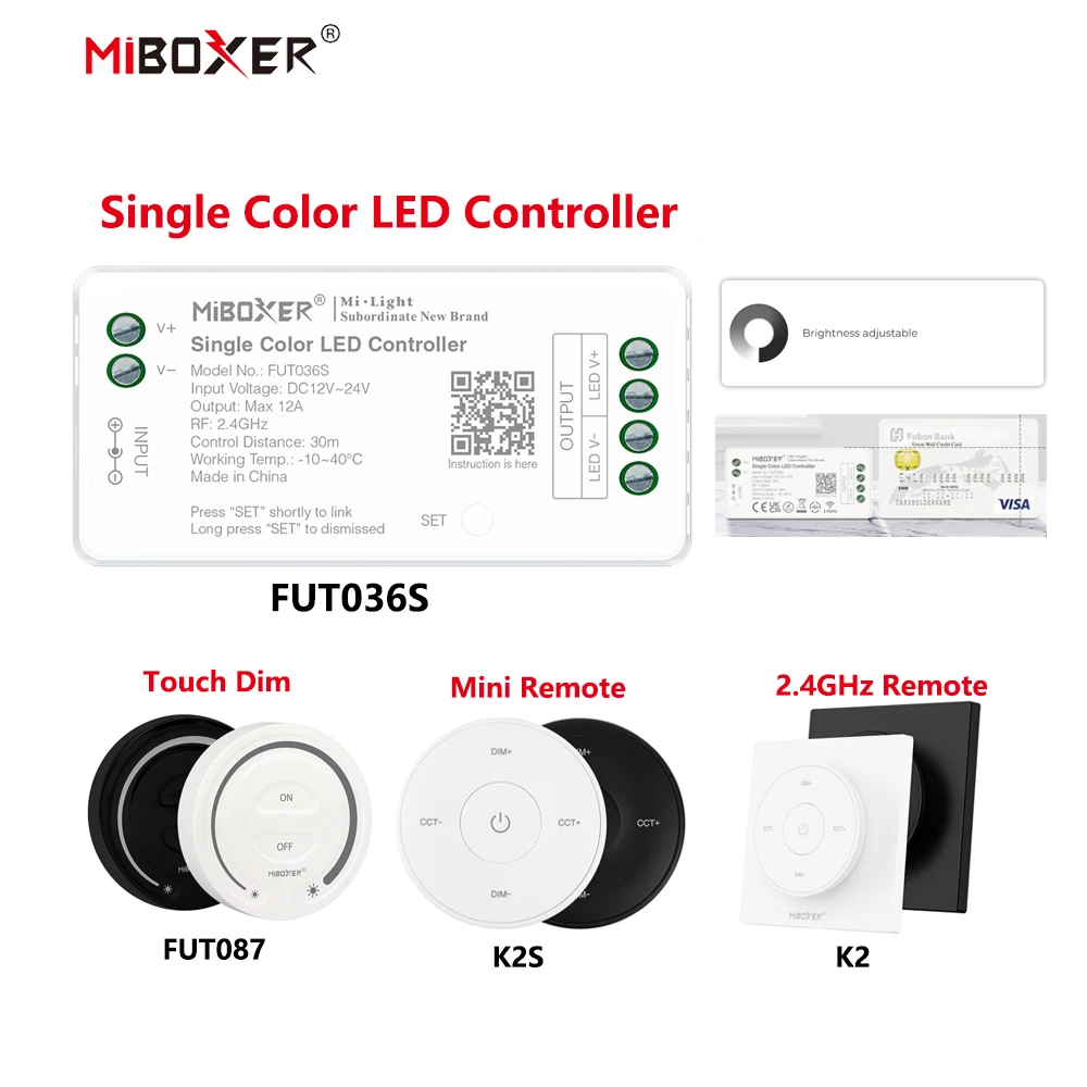MiBoxer DC12~24V FUT036S+FUT087/K2/K2S 2.4GHzRF Wireless Single Color 12A/Channel LED Controller For Single Color COB/Led Strip