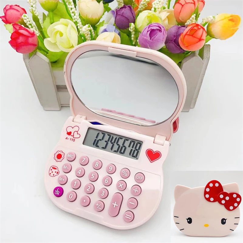 

Ins Style Kawaii Sanrio Hello Kitty Calculator Flip Cover Vanity Mirror Anime Figure Mini Portable Office Christmas Girl Gift