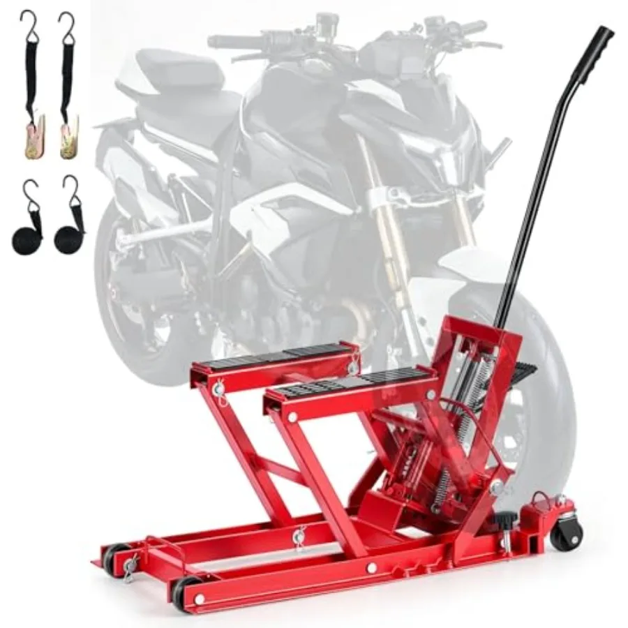 

Hydraulic Motorcycle Lift Jack 1500 lbs Capacity Portable ATV Lift with 4 Wheels 4.5-15.2 Height Range Foot-Operated Hoist Stan