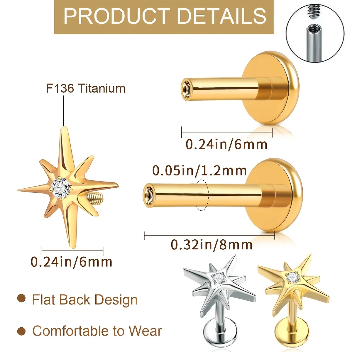 Titanium Arctic-Star-Design Nose Piercing Ear Bone Hypoallergenic Jewelry Body Piercing Studs Classic Trendy Punk Earrings
