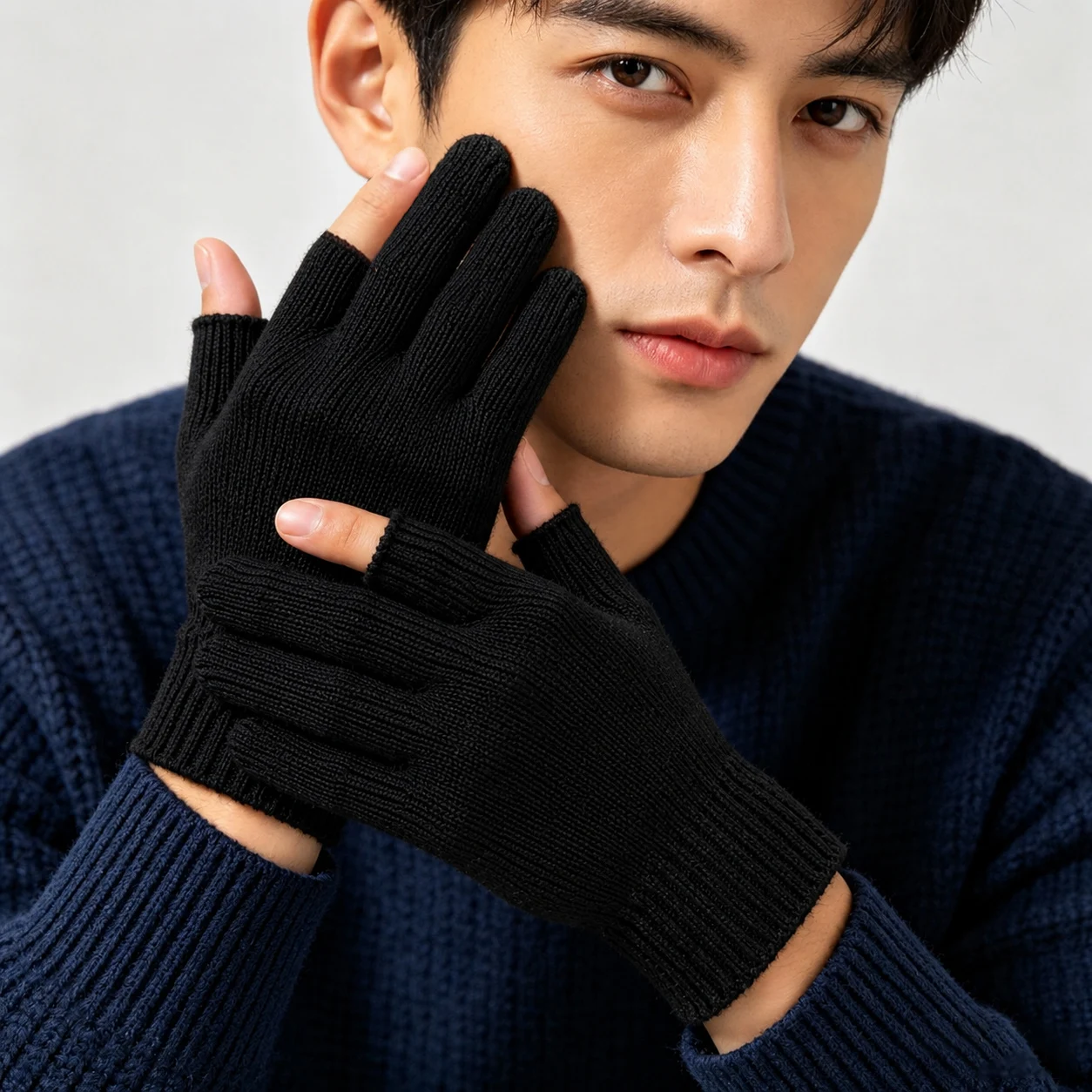Half-Finger Men's and Women's Autumn and Winter Two-Finger Exposed Warm Touchscreen Knitted Gloves for Outdoor Cycling