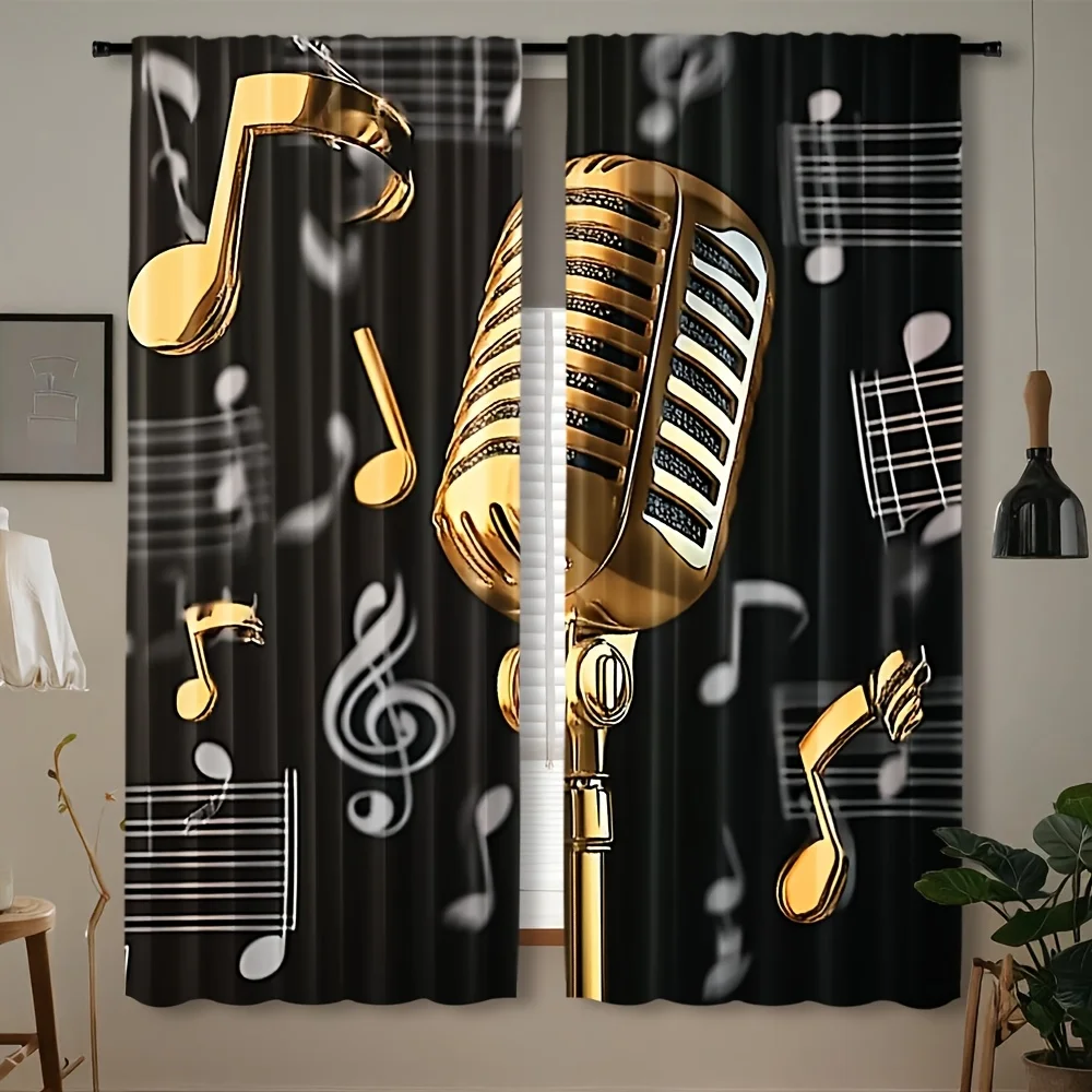 Gold Microphone Music Curtains Retro Stage Art Drape with Note Pattern for Living Room Bedroom Window Treatment Home Decoration