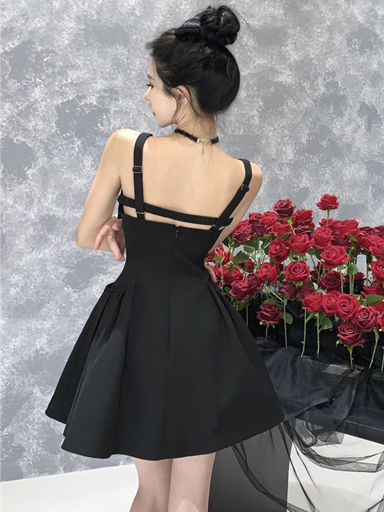 Frauen Kleidung Y2K Schwarz Sexy Strap Square Neck Schlank A-Line Mini Kurzes Kleid Elegante Dame Mode Abend Party Prom Vestidos Neue