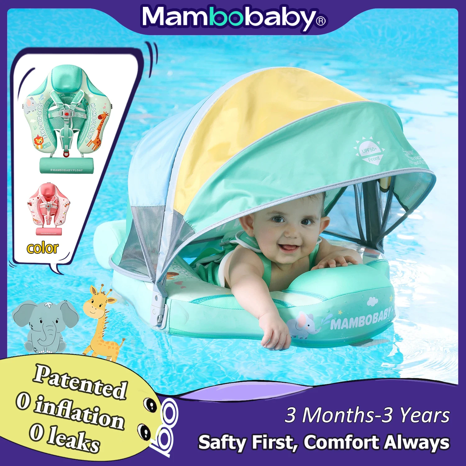 2024 Neuer Mambobaby-Tierschwimmer, nicht aufblasbar, solide Baby-Schwimmboje, Wassertrainer, Säuglingspool-Floator, Schwimmring mit Baldachin