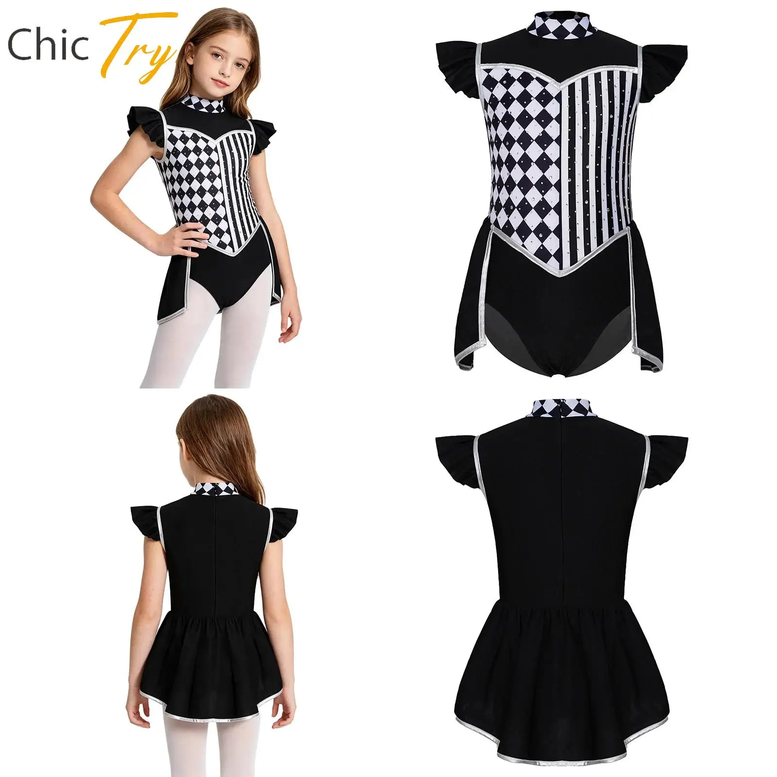 Kids Girls Figure Skating Performance Costume Shiny Rhinestones Ruffled Sleeves Bodysuit Tango Latin Jazz Dance Leotard Dress
