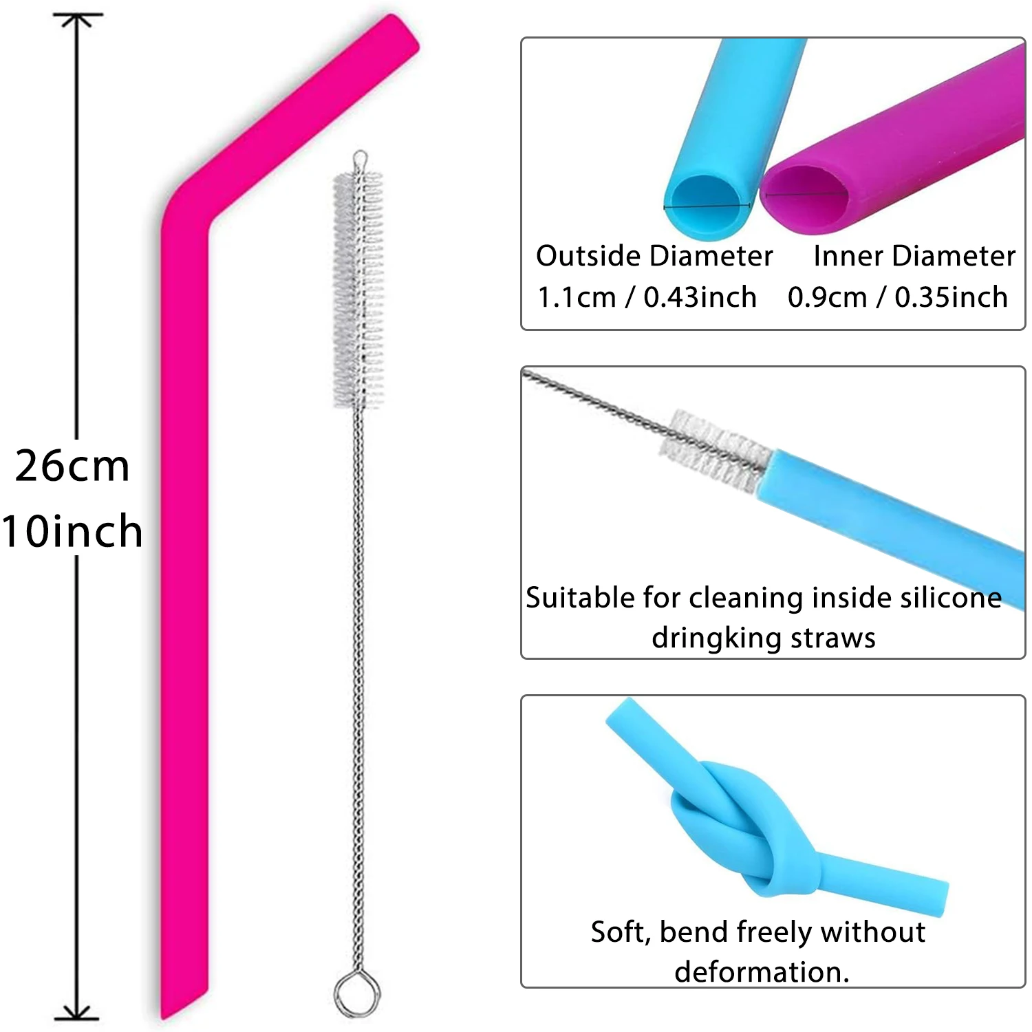 Reusable Silicone Drinking Straws Set with Cleaning Brushes, 10inch long Flexible Portable Straws, for Water Juices Smoothies