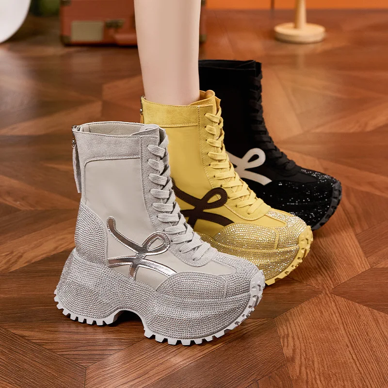 Women's Thick Sole High-top Fashion Boots Autumn New Comfort Leather Boots Rhinestone Trendy Casual Height Increase 10CM Shoes