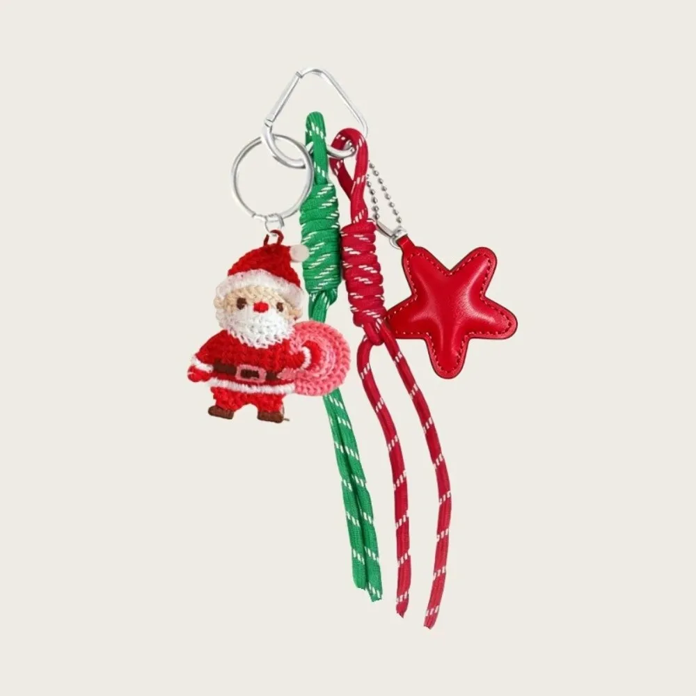 Lovely Knitted Christmas Bag Charm Cute Cartoon Crochet Keychain Red Star Vintage Santa Reindeer Pendant Women