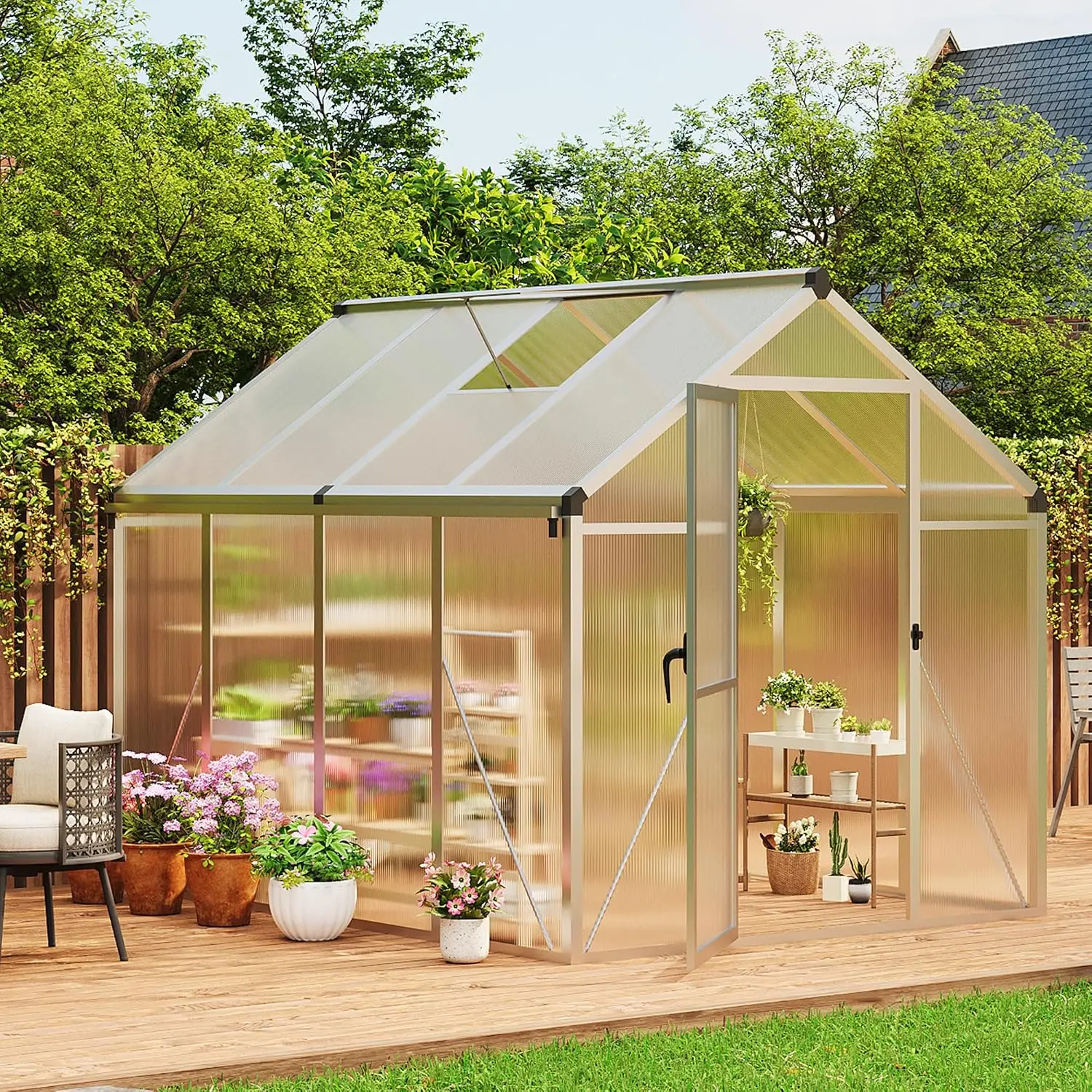 6 X 8 FT Greenhouse, Outdoor Greenhouses, Polycarbonate Panels with Aluminum Frame, Adjustable Roof Vent and, Customized
