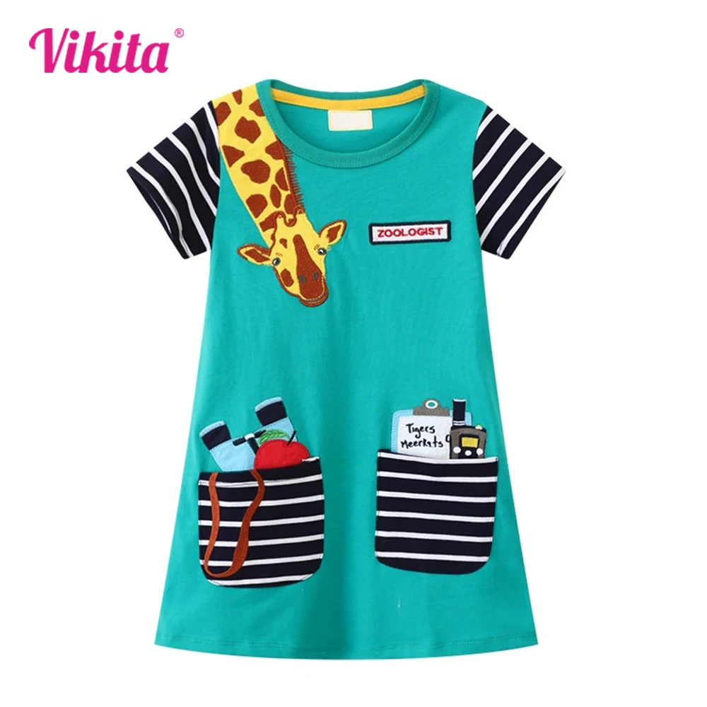 VIKITA 2025 New Children Summer Clothes Kids Short Sleeve Cotton Casual Straight Dress Girls Giraffe Cartoon Appliqued Vestidos