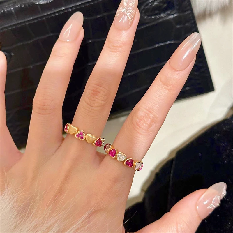 Candy Sweetheart cincin pembuka emas wanita, aksesori jari Retro hati merah zirkon tembaga