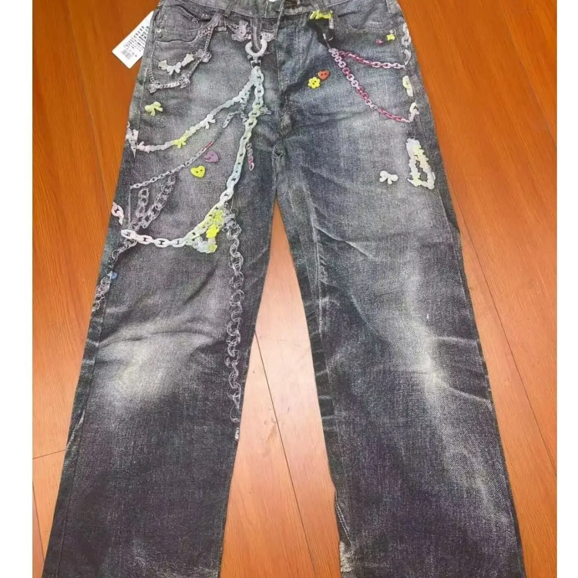 

2025 винтажные повседневные джинсы в стиле Харадзюку с цветной цепочкой и 3D принтом, прямые хлопковые джинсы для мужчин и женщин