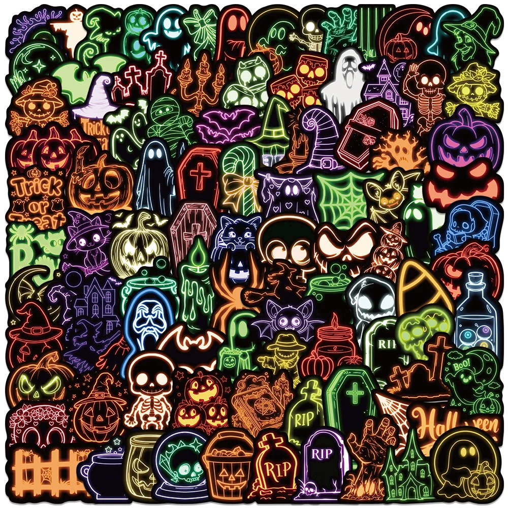 

50/100PCS Popular Horror Halloween Neon Series Cartoon Sticker DIY Phone Laptop Luggage Skateboard Graffiti Decals Fun for Kid