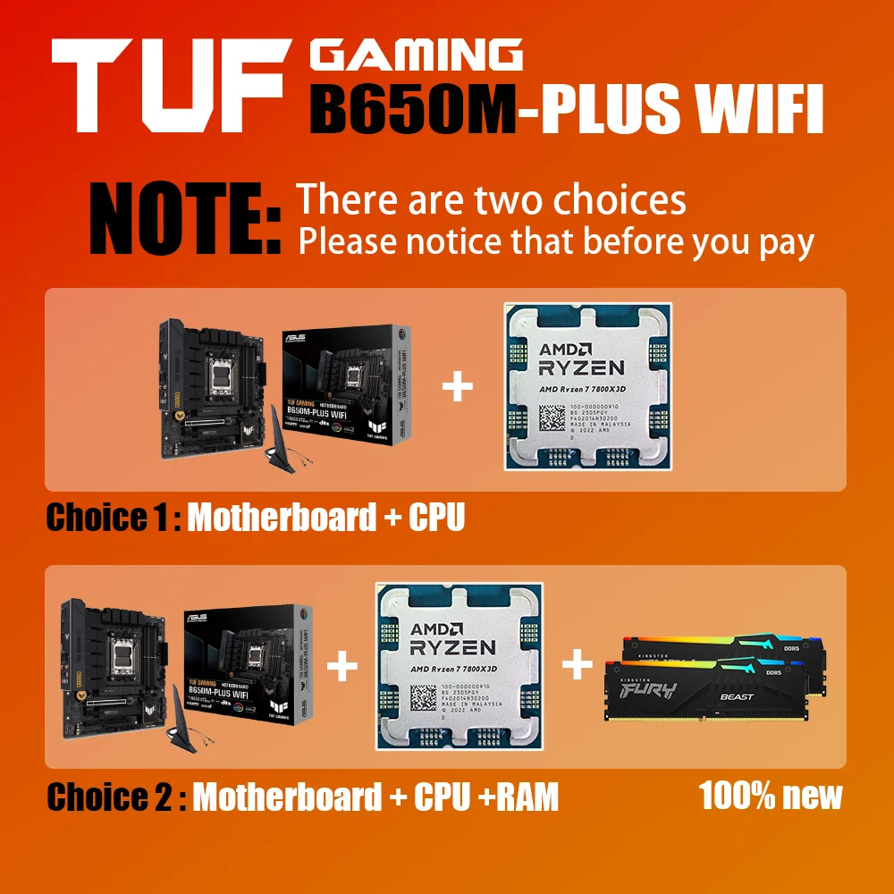 Новый комплект ASUS TUF GAMING B650M-PLUS WIFI с AMD Ryzen 7 7800X3D процессор DDR5 память материнская плата AM5 RGB mATX Combo HDMI DP USB поддерживает видеокарты NVIDIA AMD для настольных ПК Gamer