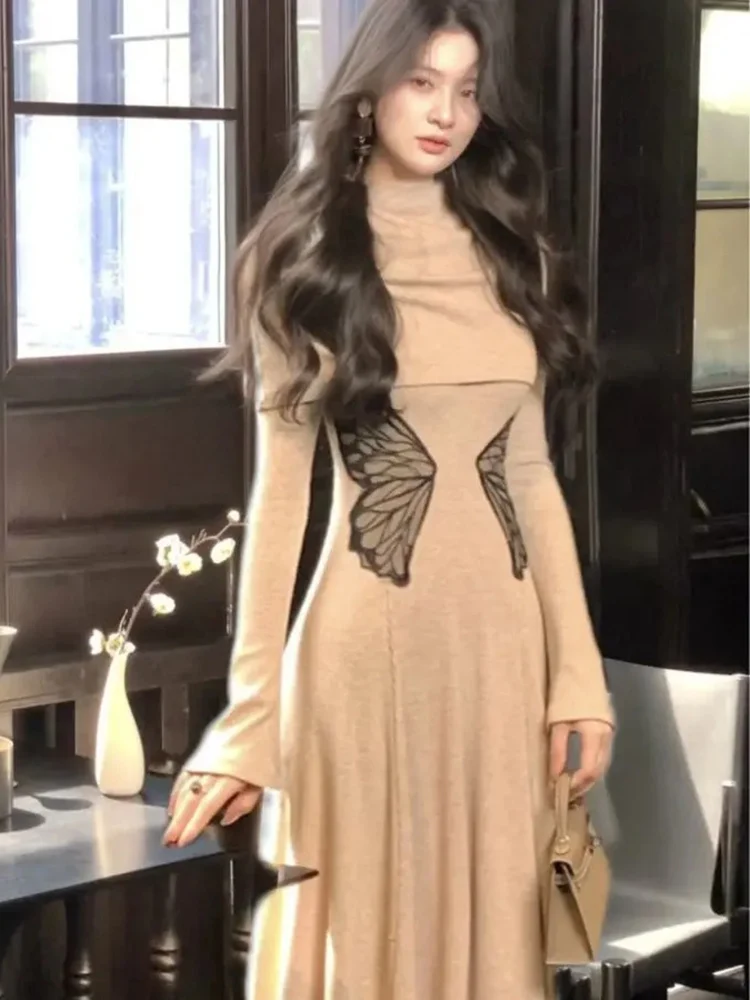 Y2k الجمالية قطعتين مجموعة النساء الدانتيل فراشة محبوك فستان عالي الخصر + نصف الياقة العالية سموك فروك 2025 الجنية الجرونج البدلة #1