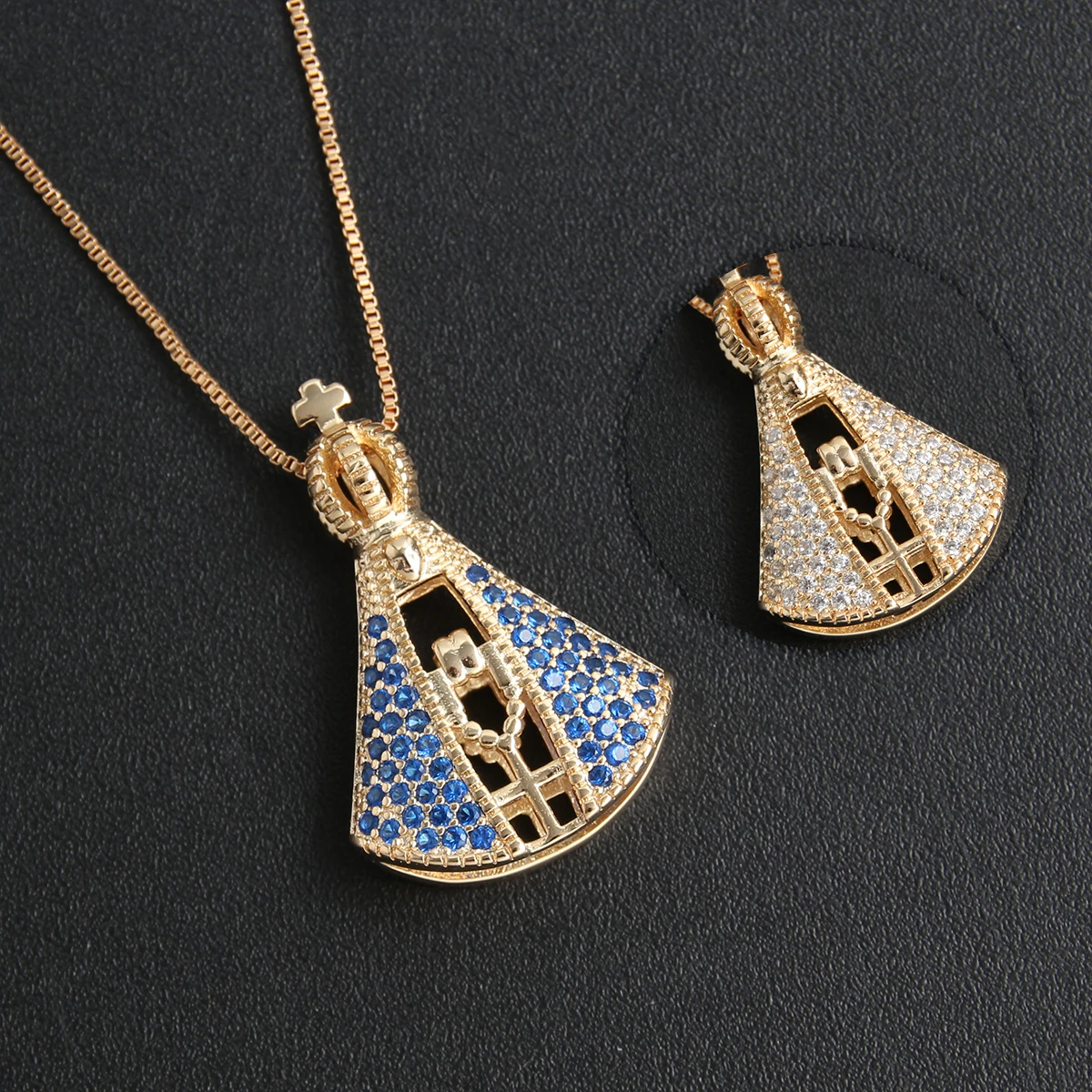 SUNSLL Vintage Double Sided Gold Plated Lujan Virgin Mary Pendant Necklace Our Lady Of Guadalupe Zircon Religious Jewelry