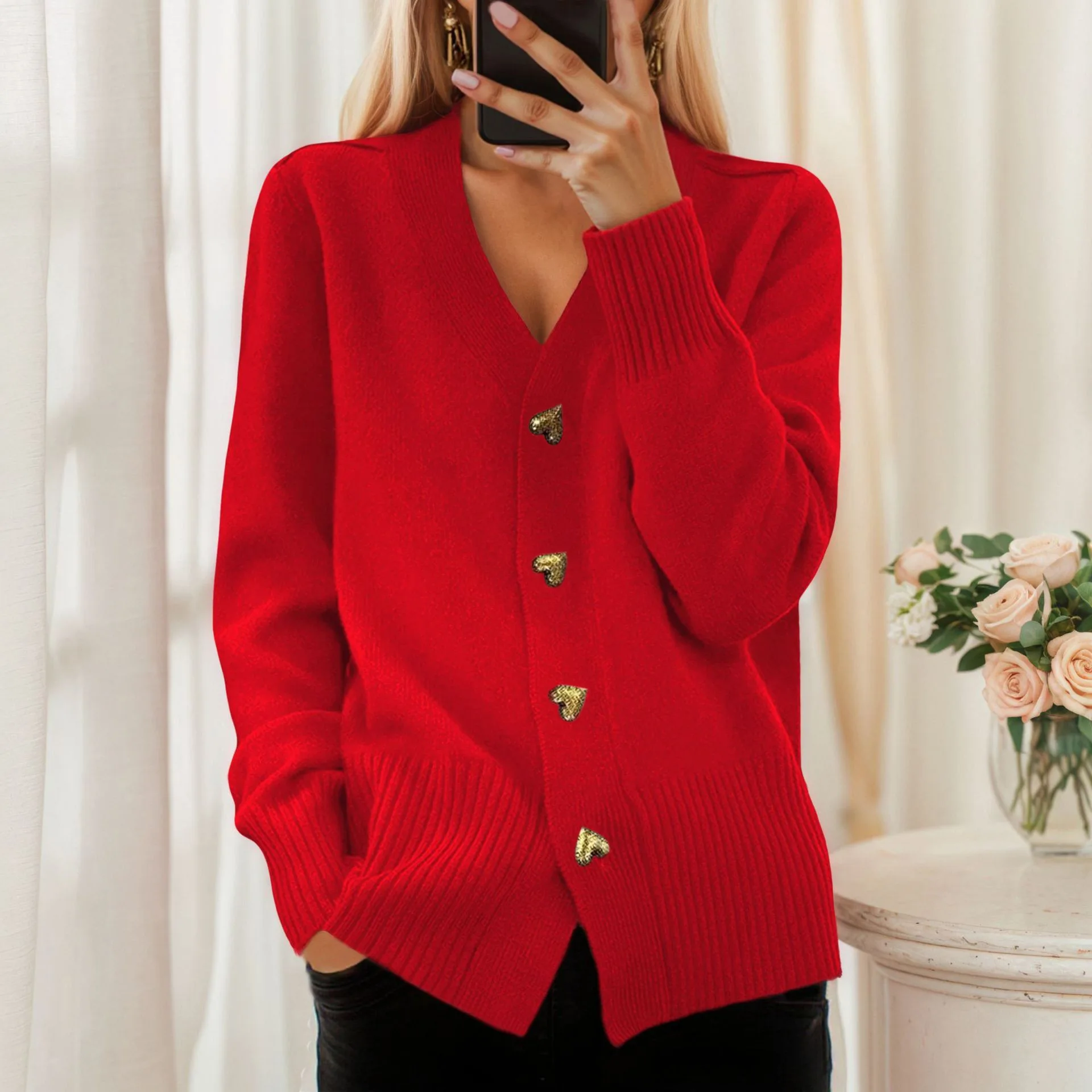 New Loose Women's Sweater Autumn Winter Casual Daily Commuter Style Cardigan Knitted Long-sleeved Single-breasted V-neck Coat 5