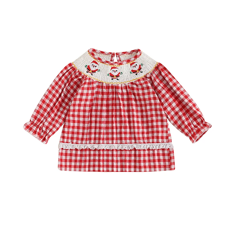 Toddler Girls Shirts Christmas Clothes Plaid Santa Embroidery Crew Neck Long Sleeve Blouses Fall Casual Tops