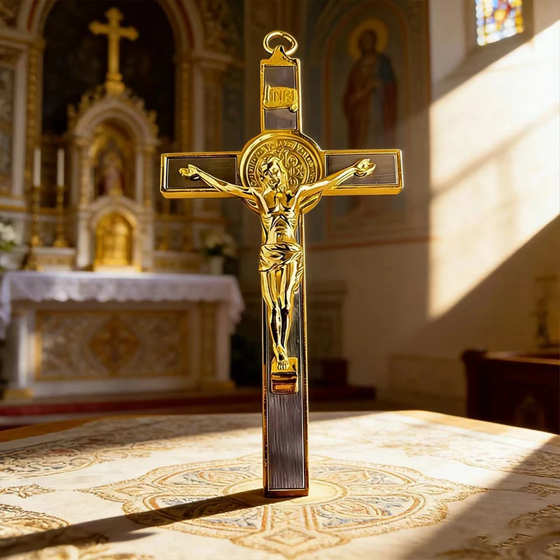 

New 2026 Two-Tone Gold and Silver Plated Catholic St Benedict Crucifix with INRI Engraving for Wall Decor and Spiritual Devotion