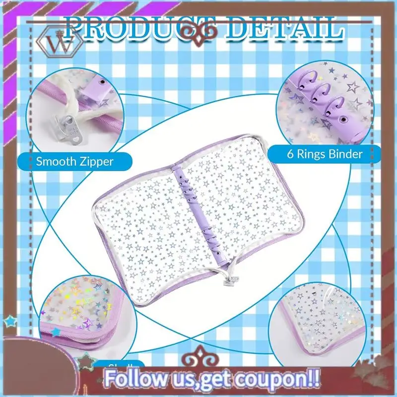 最新の A5 予算バインダーカバー ジッパー付き、グリッタースター A5 6 リングバインダープランナー、クリア PVC 詰め替えノートブックシェル ライトブルー