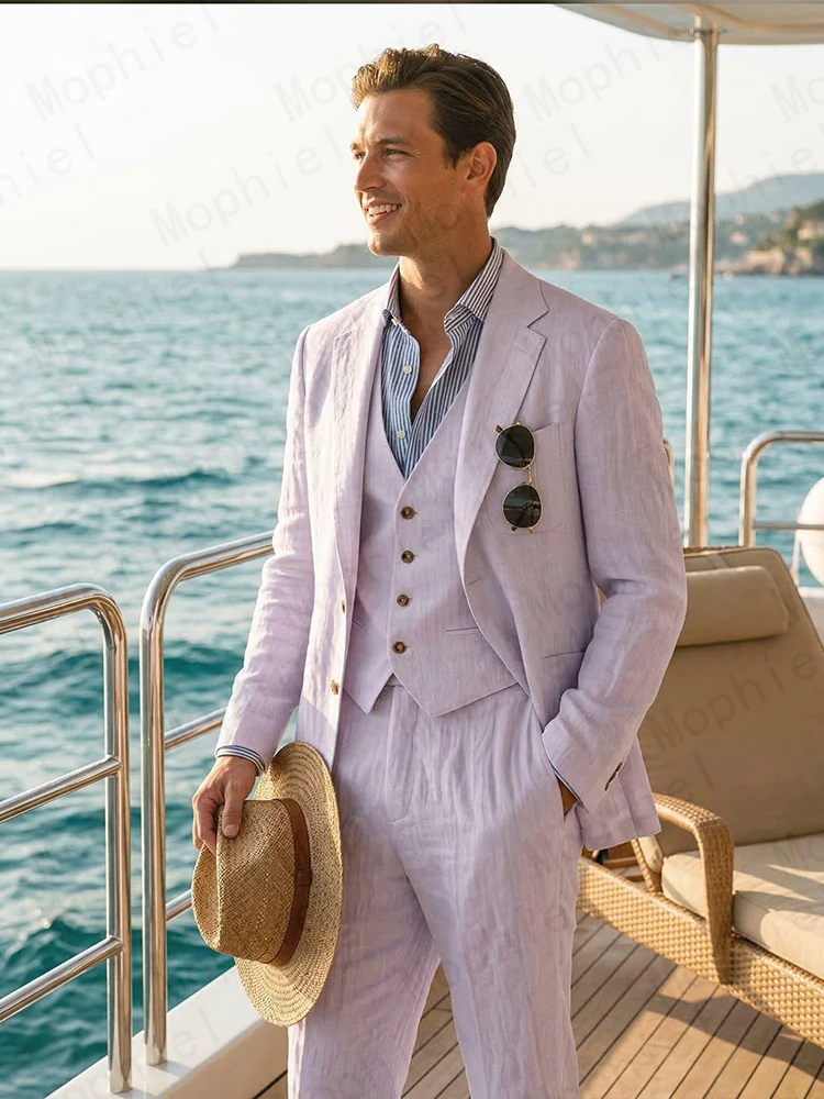 Linen Summer Men's Suits 3Pcs Set with Single Breasted Notched Lapel for Wedding Party Beach Blazer Business Outfit Customized