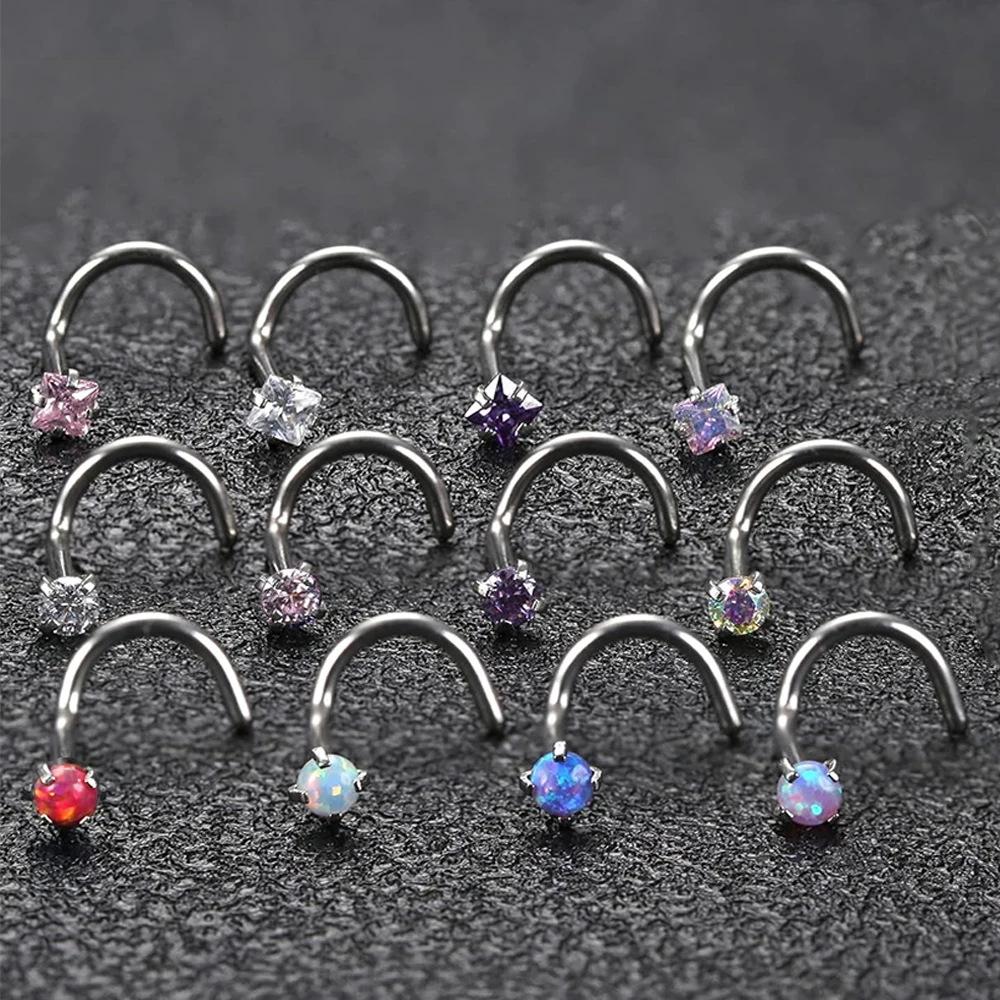 12Pcs 2mm Oapl Cuban Zirconia Nose Stud Nose Piercing Jewelry, I L Shaped Screw Shiny Crystal Bone Nostril Body Jewelry