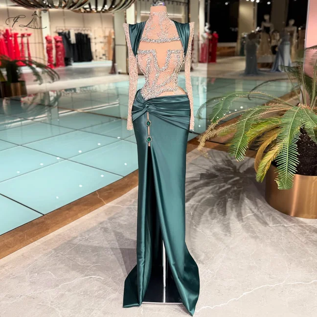 emerald green satin mermaid dress Prom Long Glitter Satin Mermaid Dress