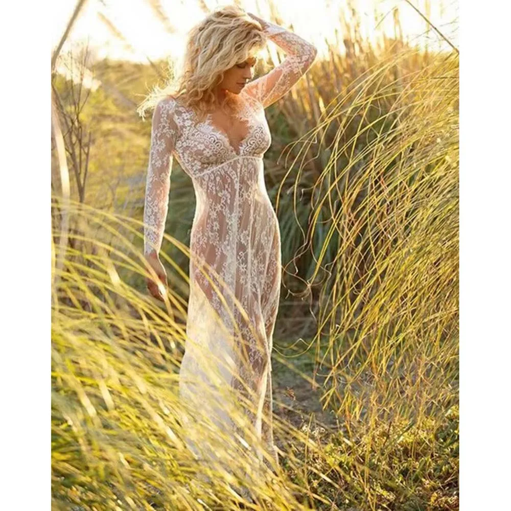 Frauen durch florales V-Ausschnitt, elegantes Spitzen-langes Kleid, sexy tiefes V-Ausschnitt, lässiges Partykleid, weiße Kleider, Jäten, Urlaubskleidung