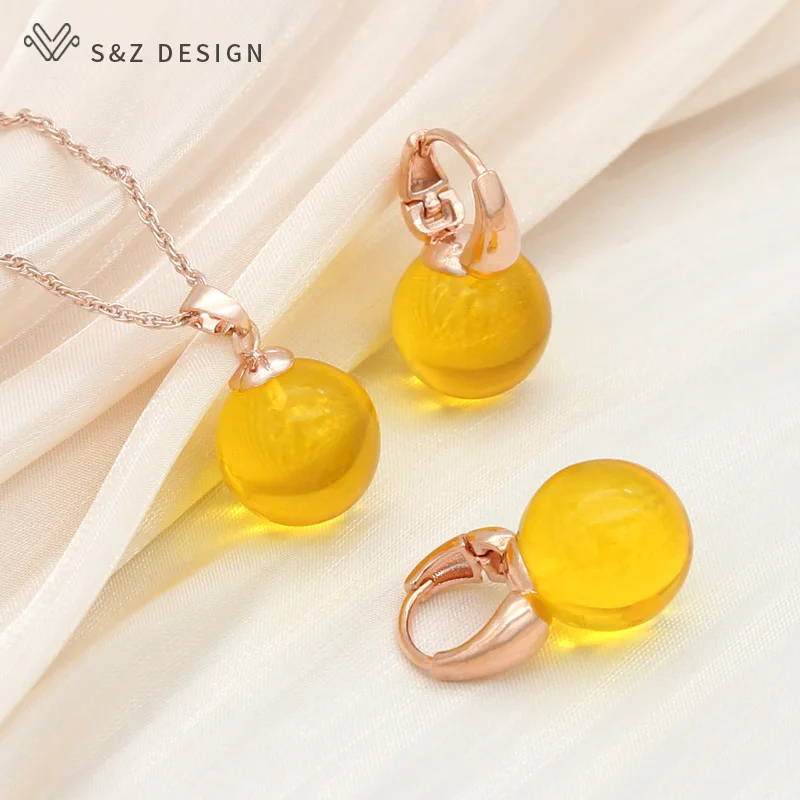 S&Z DESIGN New Elegant Round Flower ambers Dangle Earrings Jewelry Sets For Women Personality Party Jewelry Pendant Necklace