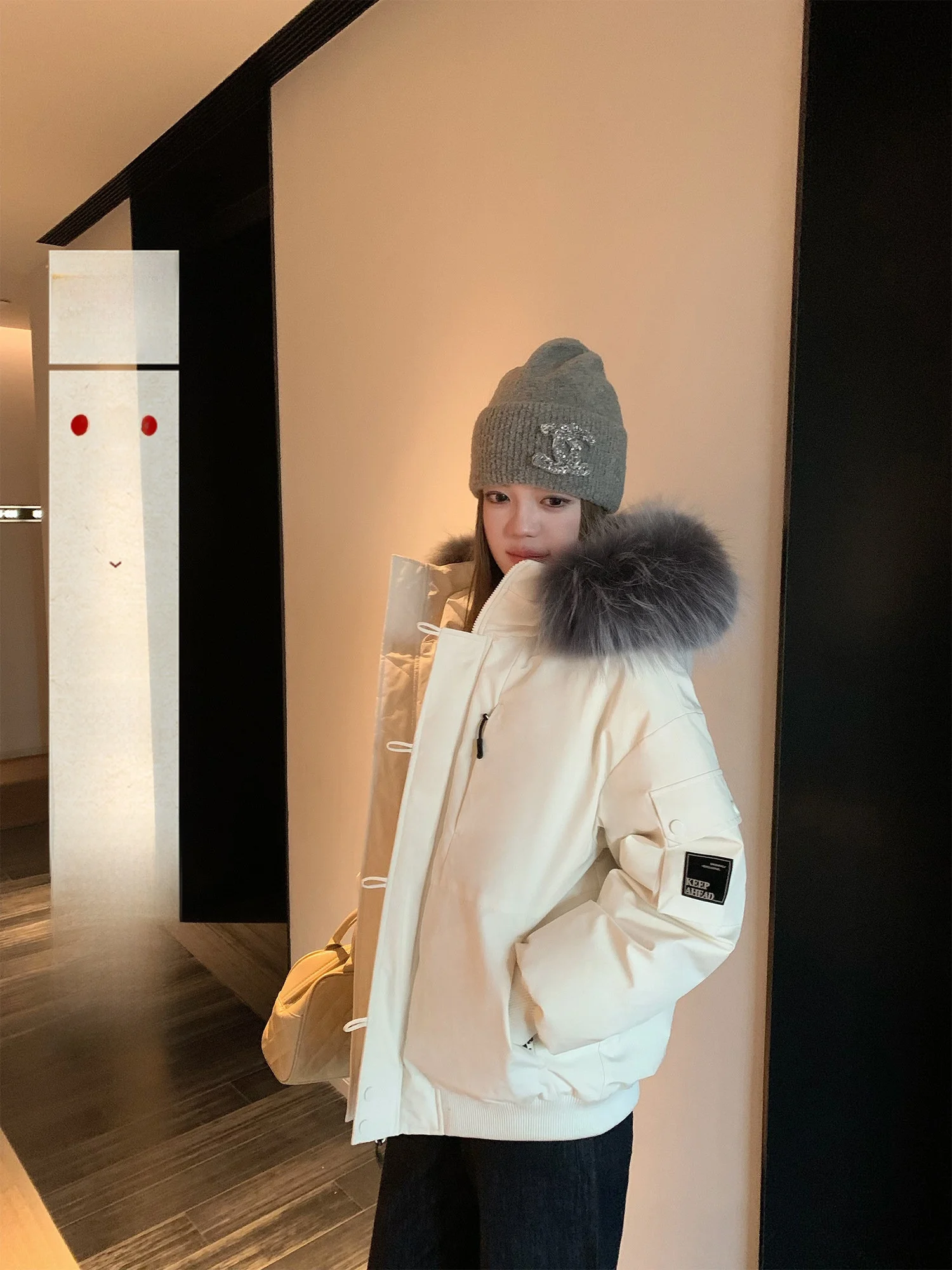 

White Du down Parka Women's Coat Thi Warm Winter Outerwear with Fur Collar Casual Sle Zipper Closure Long Sve