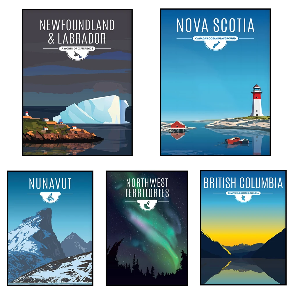 Ontario, British Columbia, Manitoba, Prince Edward Island, Nova Scotia, New Brunswick, Quebec - Canada map travel art poster