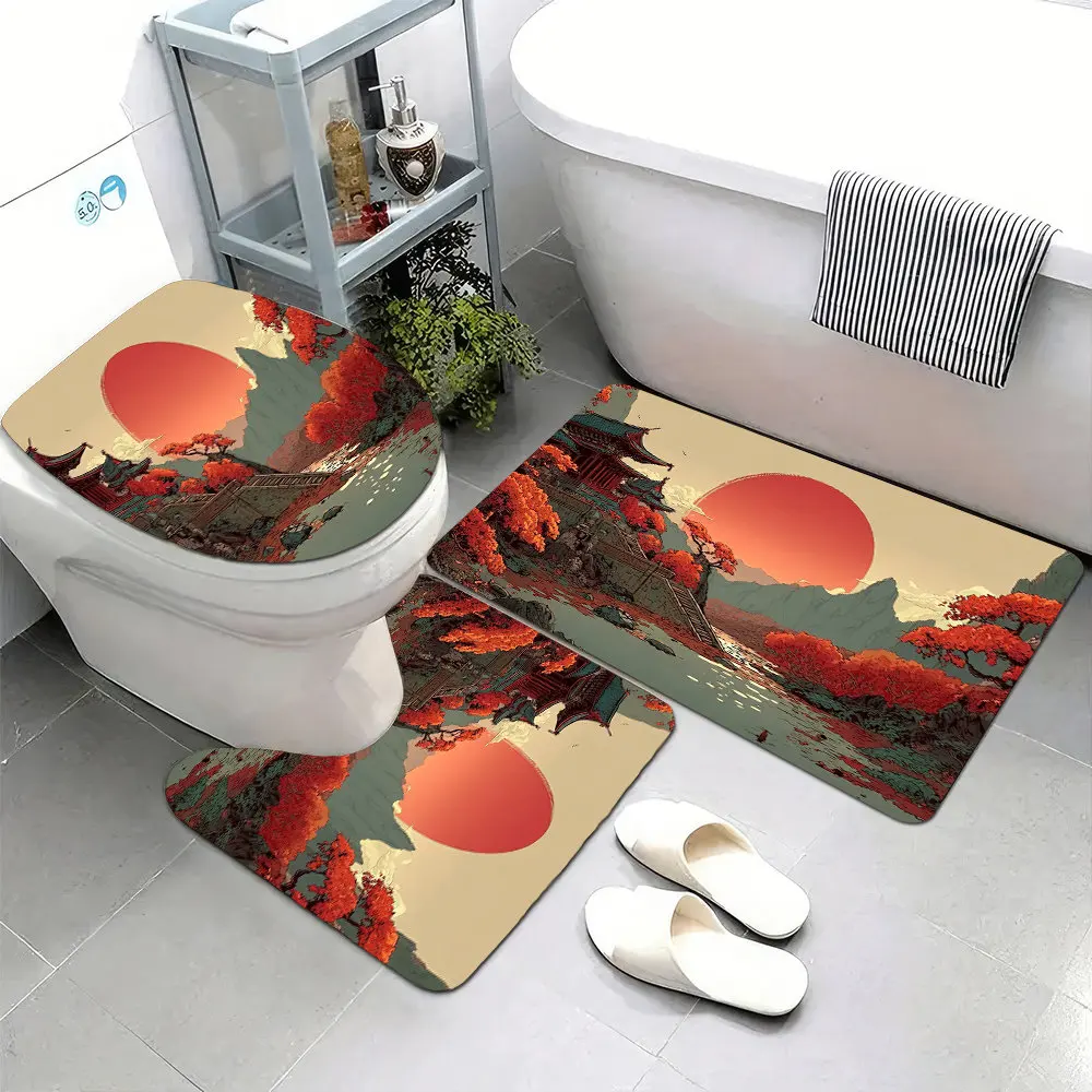 

3pcs Super Soft Chinese Bath Set with Red Sun & Mountain Landscape Print - Non-Slip Thick Floor Mats for Shower, Bathtub, Toilet