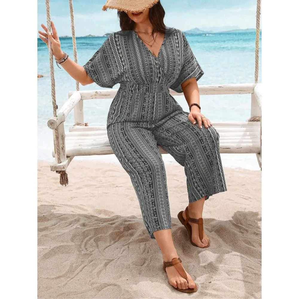 بالإضافة إلى حجم 1XL-5XL أزياء المرأة قصيرة الأكمام بذلة طباعة عارضة جديدة