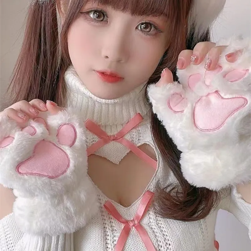 Kawaii Cat Paw Claw Gloves For Women Plush Winter Warm Fingerless Mittens Gloves Girls Bear Cat Fluffy Half Finger Gloves Mitten