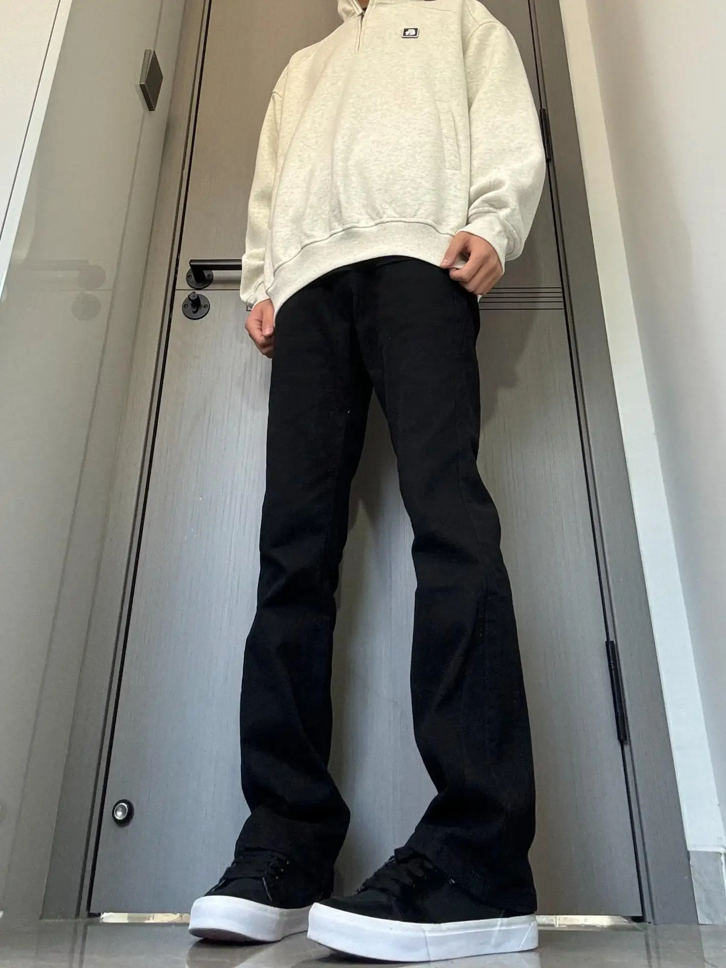 

High Waist Slim Fit Bla Jeans Men's Tight Straight Leg Bell Bot Youth Faion Long Pants Wear Resistant Bell Cuff