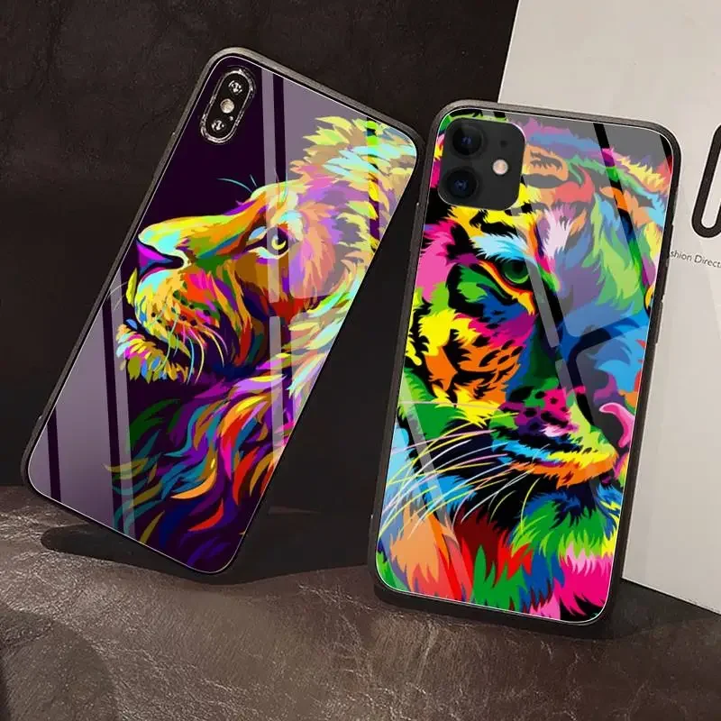 

Animal lion painted alphas with cute designs for men Phone Case Glass For iPhone 15 14 13 12 11 Pro Max Mini XR XS 8 phone case