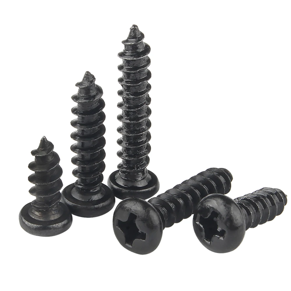 50-200pcs M1 M1.2 M1.4 M1.7 M2 M2.6 M3 M3.5 Black Steel Phillips Flat Countersunk Cross Round Pan Head Self-tapping Wood Screw