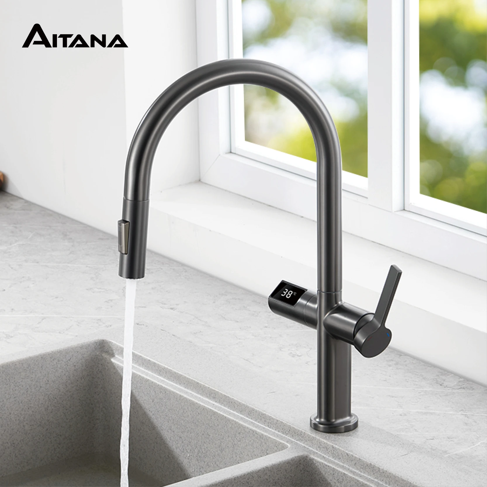 

Light luxury gun gray brass kitchen faucet digital display induction design single handle cold & hot dual l 2 function sink Tap