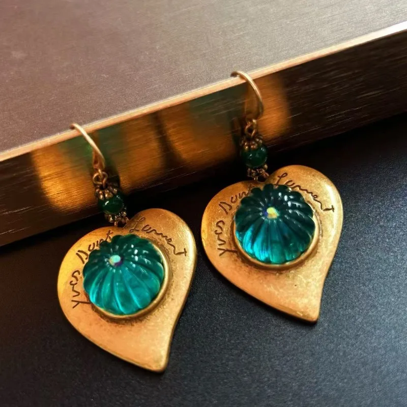 Vintage Aged Teal Drop Earrings, Heart & Round Geometric Design Silver Needle Ear Jewelry